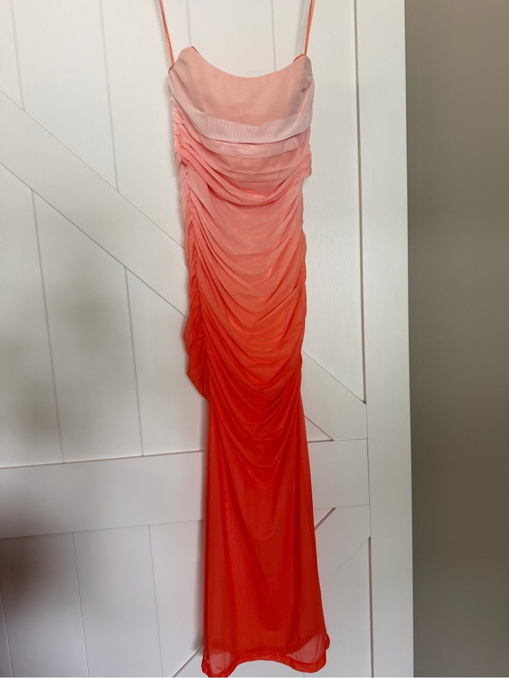 Ombre Coral to Pink Ruched Spaghetti-Strap Maxi Dress